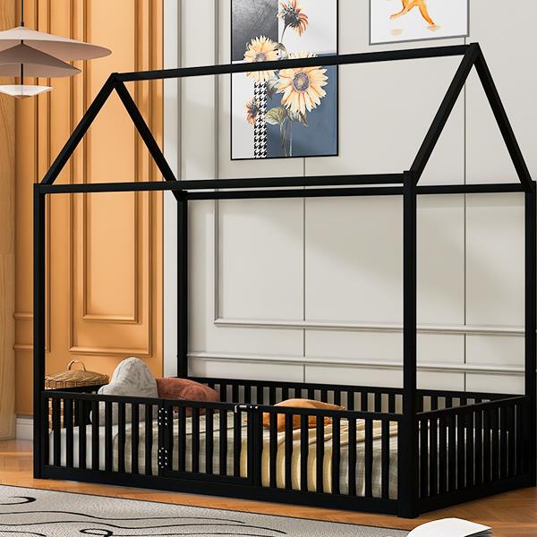 Twin Size Metal House Bed with Fence and Door, Black