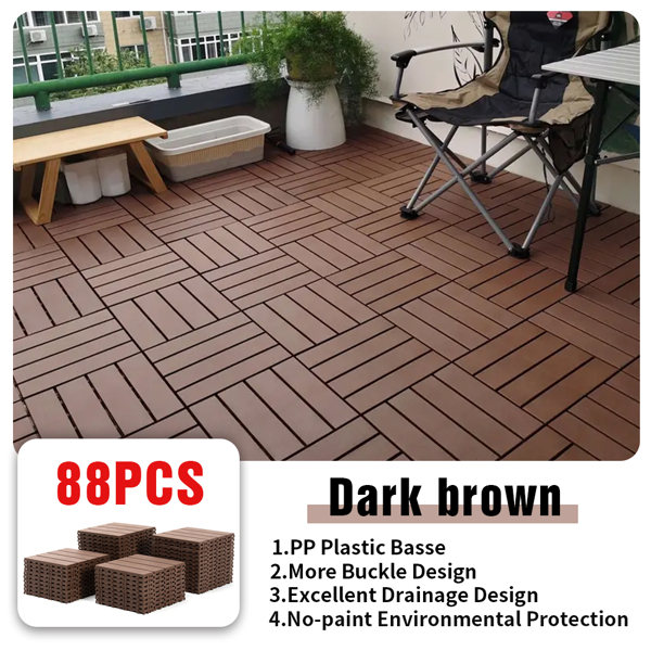 88pcs Dark Brown 11.8"x11.8"(30cmx30cm) Interlocking Deck Tiles - Waterproof, Anti-Slip, All-Weather Patio Flooring for Outdoor and Indoor Use - Smooth Wood-Grain Design Ideal for Courtyards,Flooring