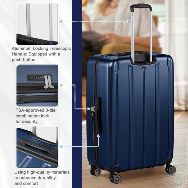 FCH 3-in-1 suitcase with vertical stripes 20in 24in 28in ABS PC classic color 02-dark blue