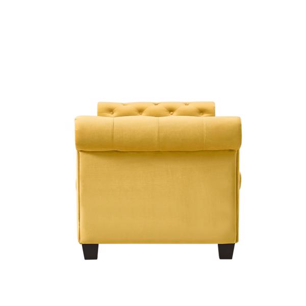 Yellow, Solid Wood Legs Velvet Rectangular Sofa Bench with Attached Cylindrical Pillows 