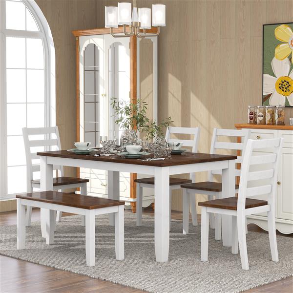 Rustic Style 6-Piece Dining Room Table Set with 4 Ernomic Designed Chairs & a Bench (Walnut + Cottage White)