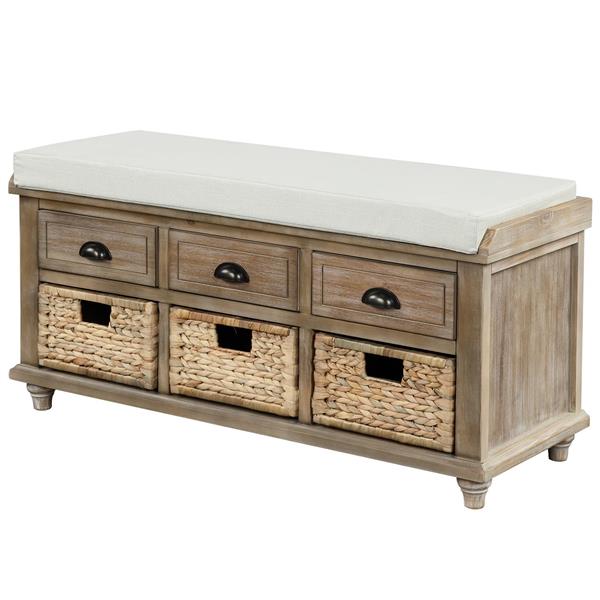 Rustic Storage Bench with 3 Drawers and 3 Rattan Baskets, Shoe Bench for Living Room, Entryway (White Washed)