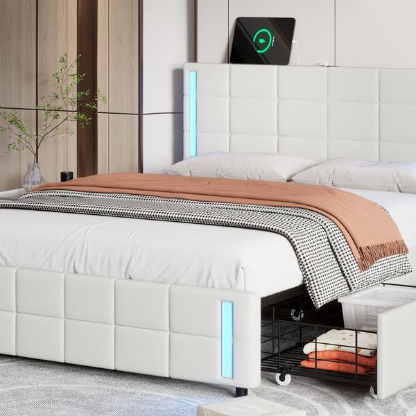 Queen Size Upholstered Platform Bed with LED Lights and USB Charging, Storage Bed with 4 Drawers, White