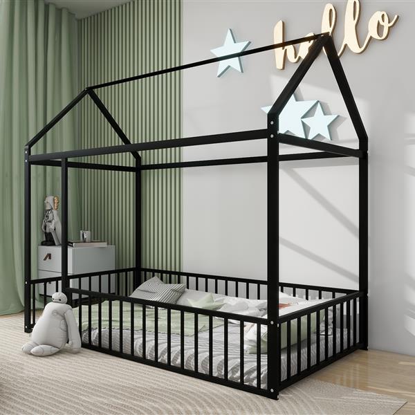 Twin Size Metal Bed House Bed Frame with Fence, for Kids, Teens, Girls, Boys, Black