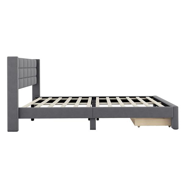 Queen Size Upholstered Platform Bed with A Big Drawer, Gray