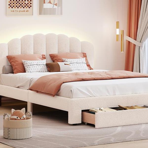 Teddy Fleece Queen Size Upholstered Platform Bed with Drawer, Beige