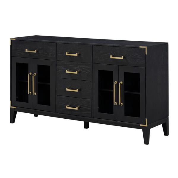 6-drawer and 2-Cabinet Retro Sideboard with Extra Large Storage Space, with ld Handles and Solid Wood Legs, for Kitchen and Living Room (Black)