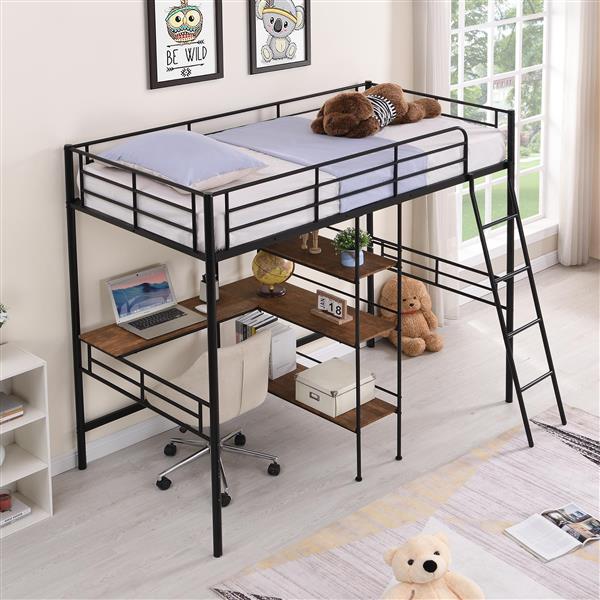 Twin Size Metal Loft Bed and Built-in Desk and Shelves,Black