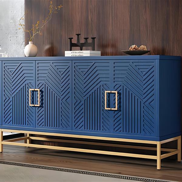 Retro-Style Sideboard with Adjustable Shelves, Rectangular Metal Handles and Legs for  Kitchen, Living room, and Dining Room  (Navy)