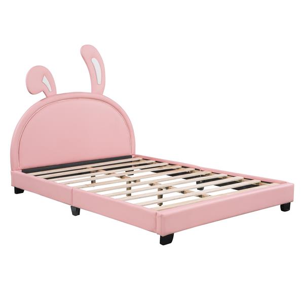 Full Size Upholstered Leather Platform Bed with Rabbit Ornament, Pink