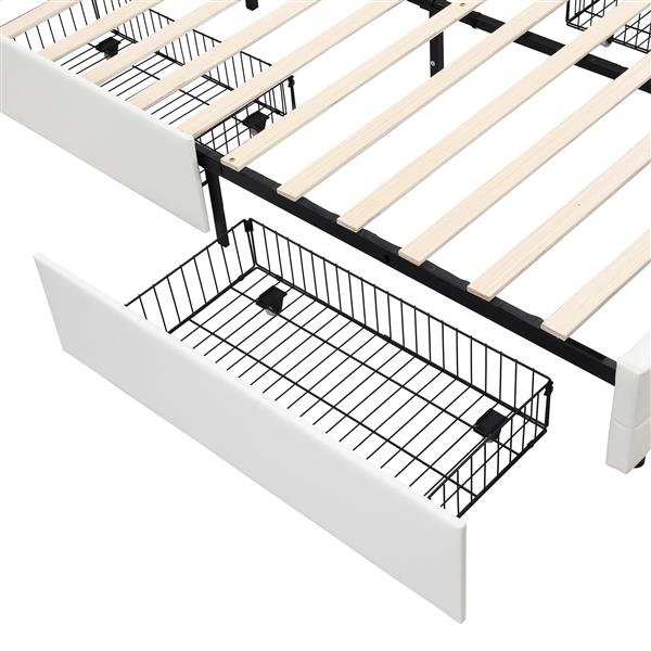 Queen Size Upholstered Platform Bed with LED Lights and USB Charging, Storage Bed with 4 Drawers, White