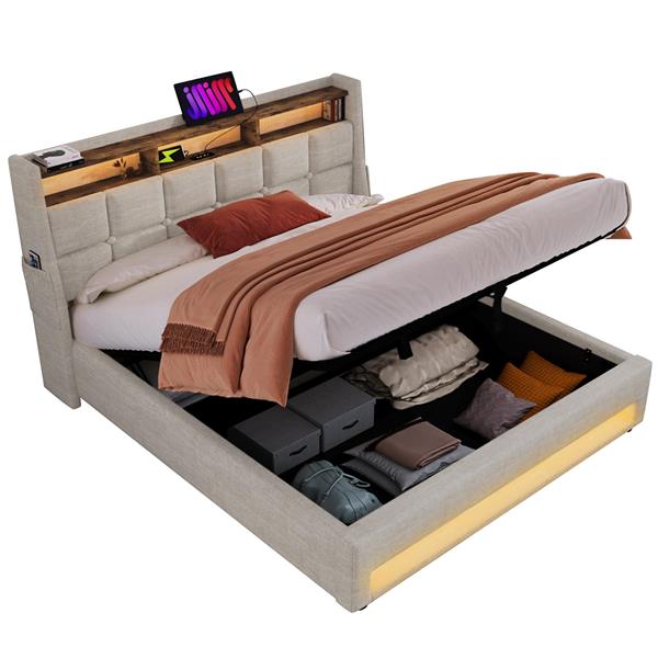 Full size Upholstered Platform bed with a Hydraulic Storage System, LED and USB Charging, Natural (without mattress)