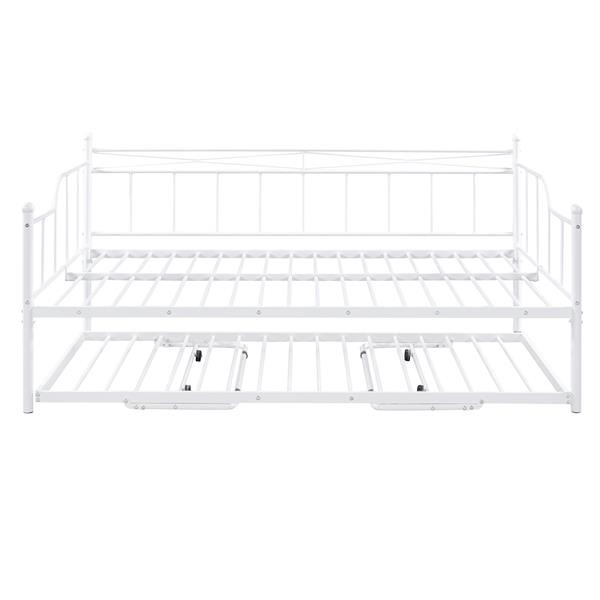 Full Size Metal Daybed with Twin Size Adjustable Trundle, Portable Folding Trundle, White