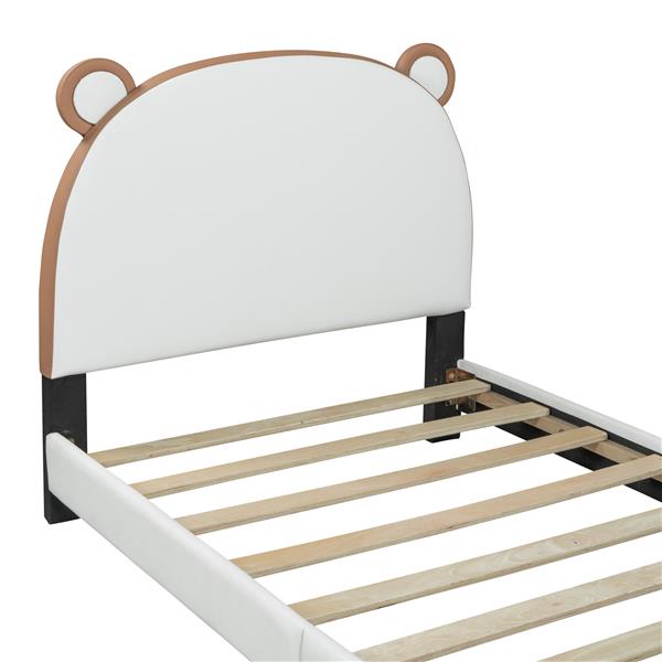 Twin Size Upholstered Platform Bed with Bear-shaped Headboard and Footboard,White+Brown