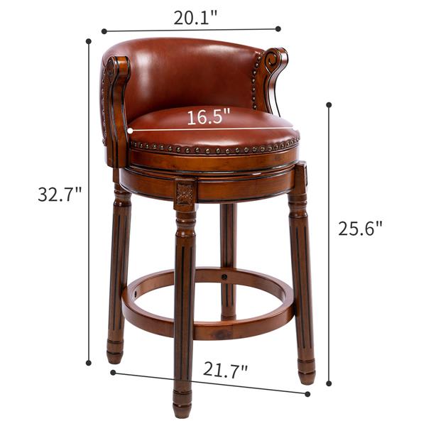 Seat height 26'' Cow top Leather Wooden Bar Stools, 360 Degree Swivel Bar Height Chair with Backs for Home Kitchen Counter(brown 1pc)