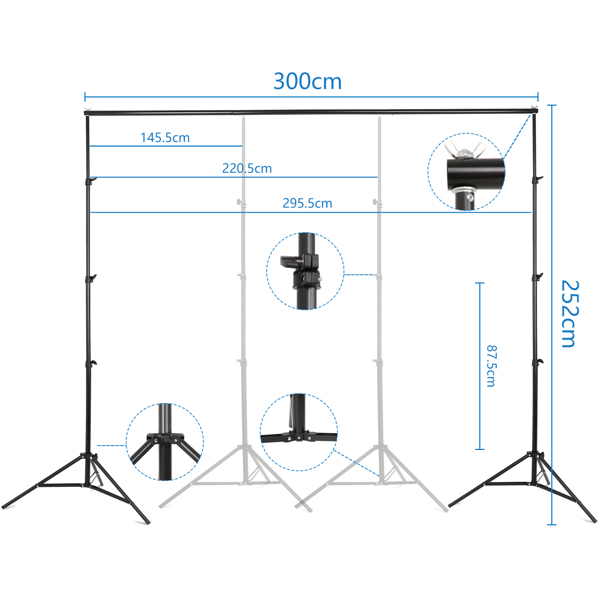 Kshioe 2.6*3m Iron Background Frame With 6 Fish Mouth Clips, 2 Sandbags And A Cloth Bag Photography Stand Black