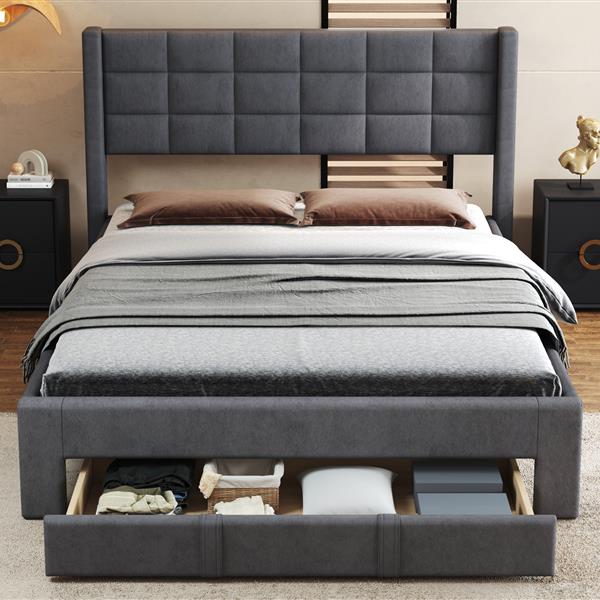 Queen Size Upholstered Platform Bed with A Big Drawer, Gray