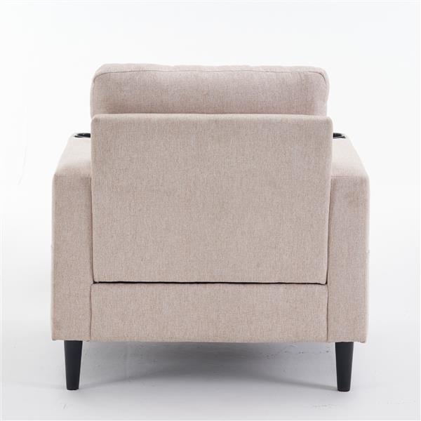 Beige Upholstered Armchair and Storage Ottoman Set - Comfortable Single Sofa with Cup Holders and Tufted Detailing, Ideal for Living Room or Bedroom