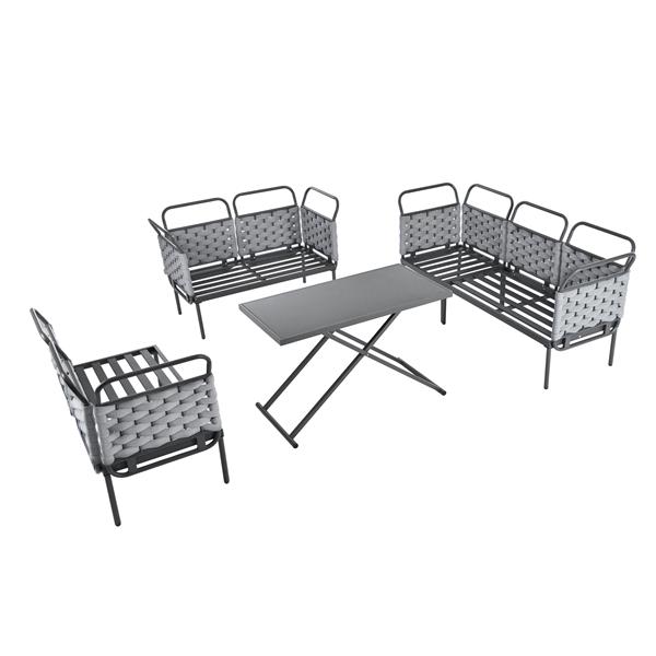 5-Piece Modern Patio Sectional Sofa Set Outdoor Woven Rope Furniture Set with Glass Table and Cushions, Gray+Beige