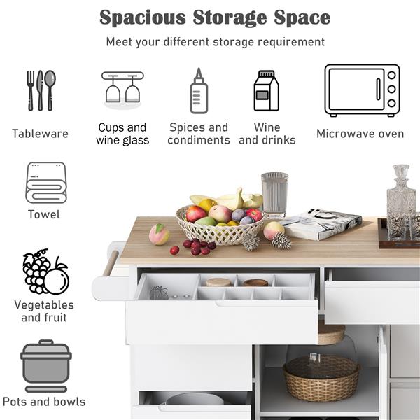 Kitchen Cart with Rubber Wood Countertop , Kitchen Island has 8 Handle-Free Drawers Including a Flatware Organizer and 5 Wheels for Kitchen Dinning Room, White