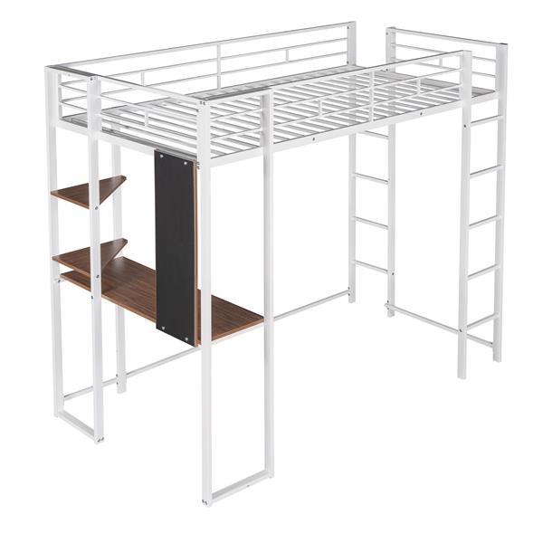 Twin Metal Loft Bed with 2 Shelves and one Desk ,WHITE