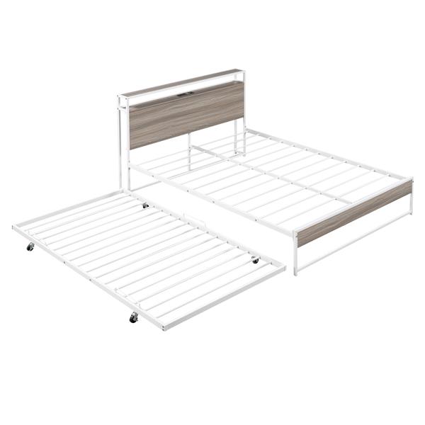 Full Size Metal Platform Bed Frame with Trundle, USB Ports and Slat Support ,No Box Spring Needed White