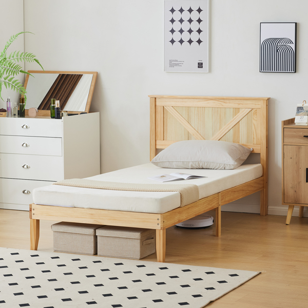 Twin Size Solid Wood Platform Bed Frame with Headboard Natural