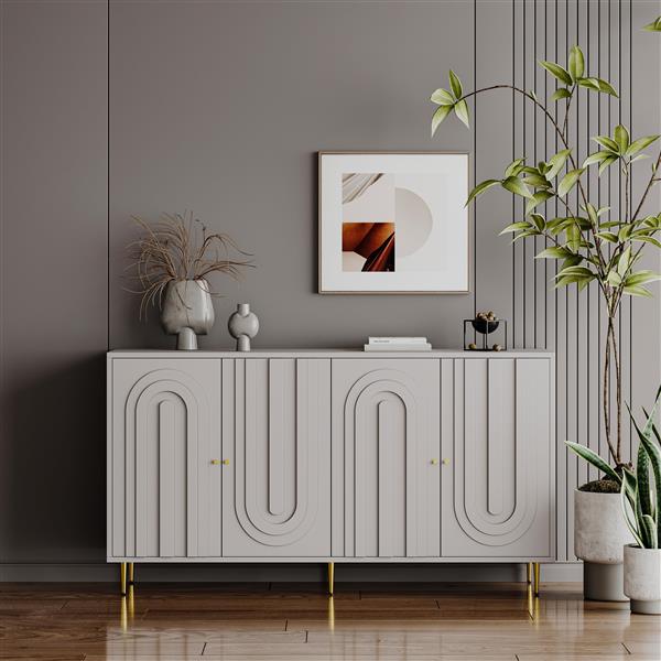 Modern Gray Lacquered 4 Door Wooden Cabinet Sideboard Buffet Server Cabinet Storage Cabinet, for Living Room, Entryway, Hallway, Office, Kitchen and Dining Room