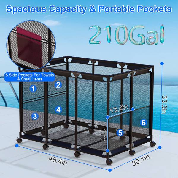 48.4x30.1x33.3in Pool Storage Bin,  210 Gallon for holding swimming equipment，Holder for Noodles, Toys, Floats, Towels, Mesh Organizer for Swimming Equipments with Lockable Wheels