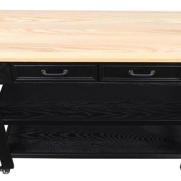 57 inch Rolling Kitchen Island with Storage,Kitchen Cart with Solid OAK Wood Top,Two-sided Kitchen island Cart on Wheels , Wine and Spice Rack, Large Kitchen Cart with 2 Drawers, Black+Natural Top