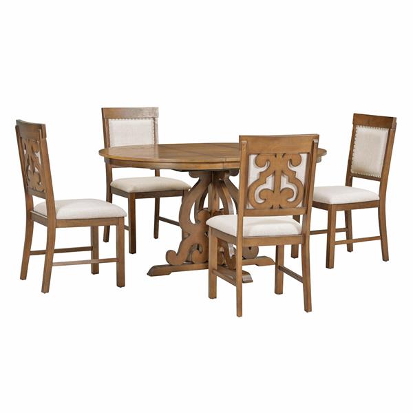 5-Piece Retro Functional Dining Set, 1 Extendable Table with a 16-inch Leaf and 4 Upholstered Chairs for Dining Room and Kitchen (Walnut)