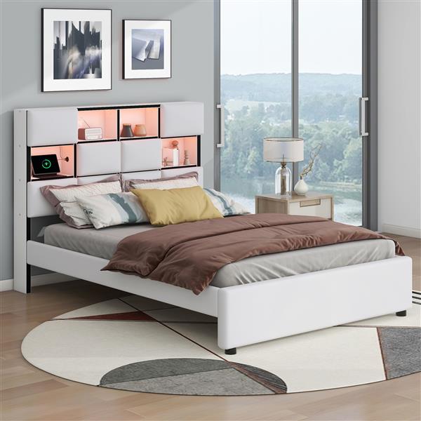 Full Size Upholstered Platform Bed with LED, Storage and USB, Beige