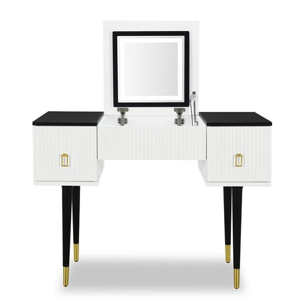 43.3" Modern Vanity Table Set with Flip-top Mirror and LED Light, Dressing Table with Customizable Storage, White and Black