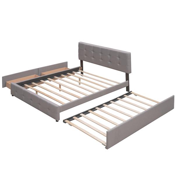 Upholstered Platform Bed with 2 Drawers and 1 Twin XL Trundle,  Linen Fabric, Queen Size - Light Gray