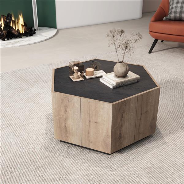 Rural Style Garden Retro Living Room Coffee Table with 2 drawers, Textured Black + Warm Oak