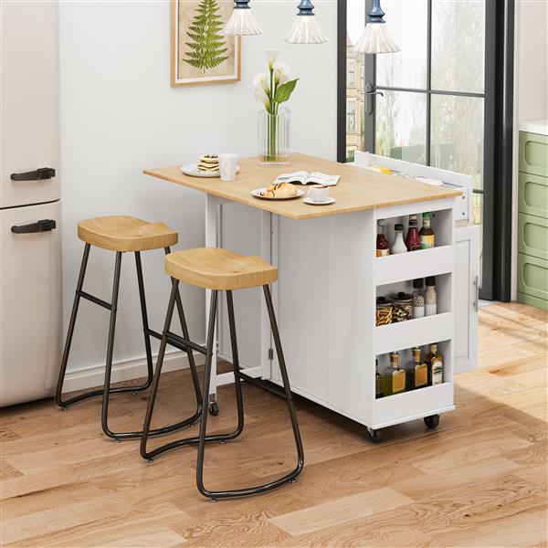 Multi-Functional Kitchen Island Cart with Stylish and Minimalist Bar Stools, Combination Set, Convenient and Practical (White Kitchen Island + Wood Color Bar Stools)