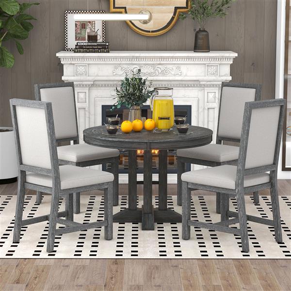 5-Piece Dining Set Extendable Round Table and 4 Upholstered Chairs Farmhouse Dining Set for Kitchen, Dining Room(Black)