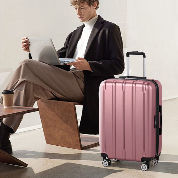 FCH 3-in-1 suitcase vertical stripes trolley case 20in 24in 28in ABS PC fashion color 02-wine red