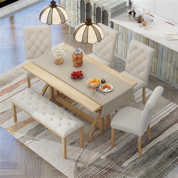 6-Piece Retro Rectangular Dining Table Set, Table with Unique Legs and 4 Upholstered Chairs & 1 Bench for Dining Room and Kitchen (Natural Wood Wash)