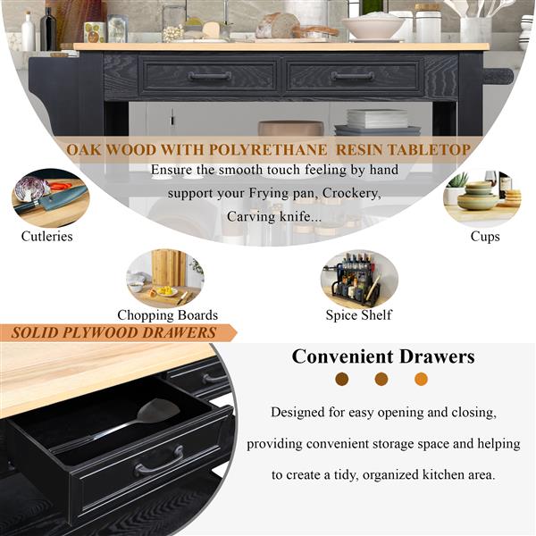 57 inch Rolling Kitchen Island with Storage,Kitchen Cart with Solid OAK Wood Top,Two-sided Kitchen island Cart on Wheels , Wine and Spice Rack, Large Kitchen Cart with 2 Drawers, Black+Natural Top