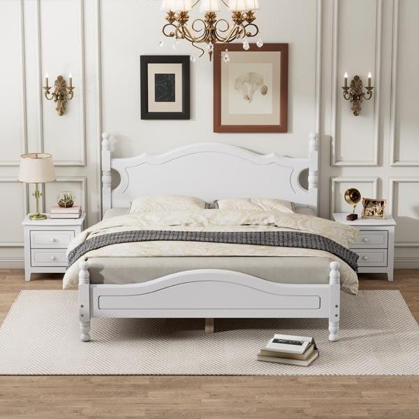 Queen Size Wood Platform Bed Frame,Retro Style Platform Bed with Wooden Slat Support,White