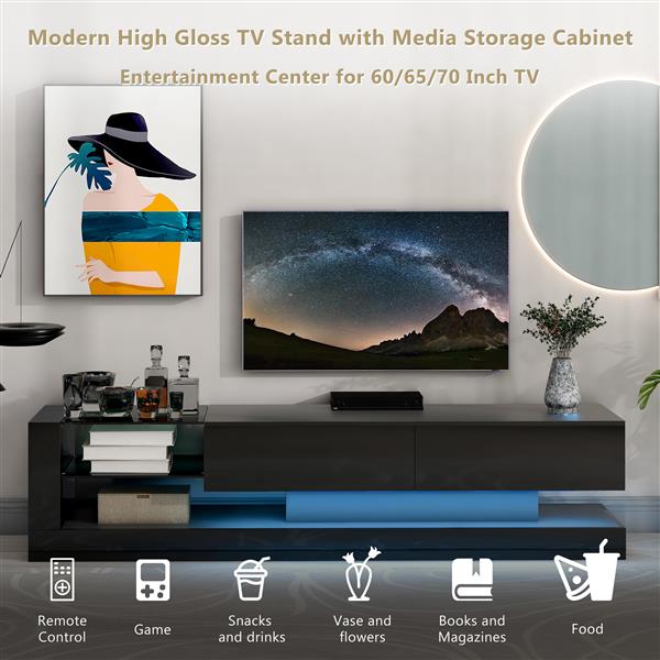 TV Stand with Two Media Storage Cabinets Modern High Gloss Entertainment Center for 75 Inch TV, 16-color RGB LED Color Changing Lights for Living Room, Black