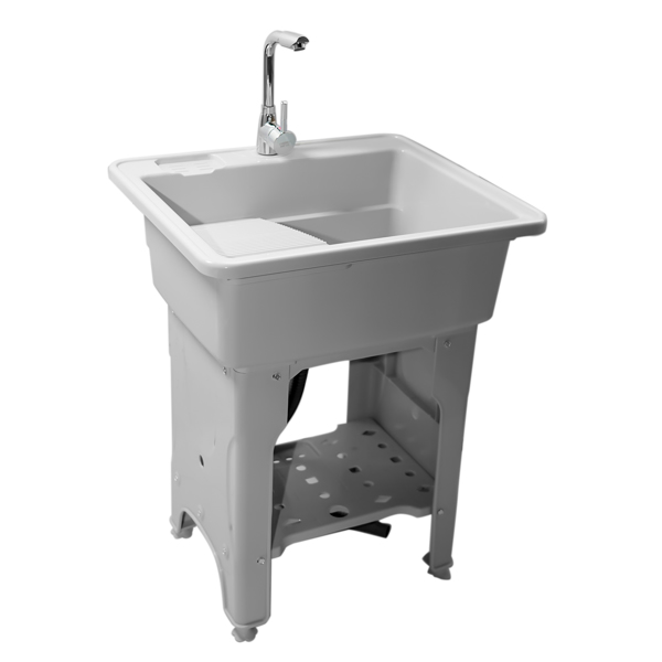 Gray Freestanding Plastic Utility Sinks Utility Sink Laundry Tub Outdoor Sink Drop in Deep Sink Kit with Inlet Pipe and Drain Pipe