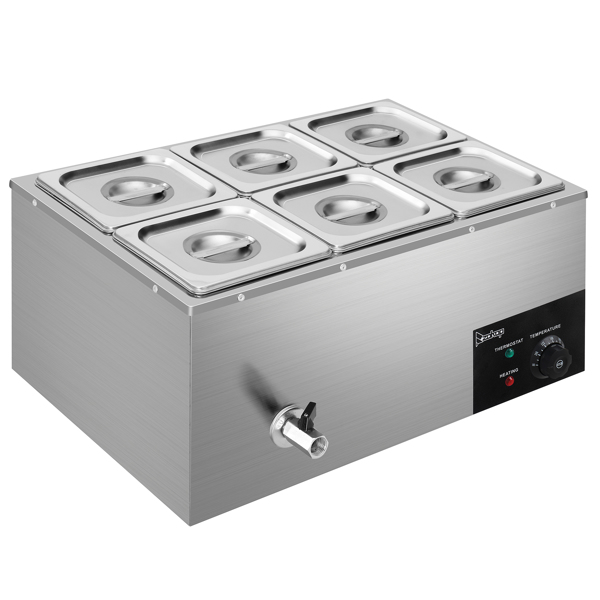 ZOKOP 110V 1200W 3L*6 Stainless Steel Small Six Plates Heating Food Warming Soup Pool Silver