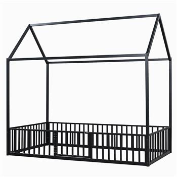 Twin Size Metal House Bed with Fence and Door, Black