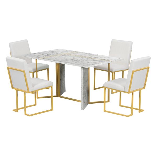 7-Piece Modern Dining Table Set, Artificial Marble Sticker Tabletop and 6 Upholstered Linen Chair All with lden Steel Legs for Dining Room and Kitchen (White + ld)