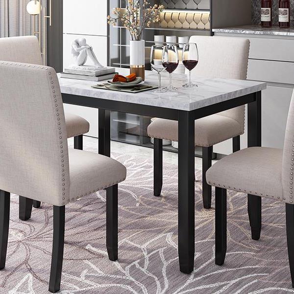 Faux Marble 5-Piece Dining Set Table with 4 Thicken Cushion Dining Chairs Home Furniture, White/Beige+Black