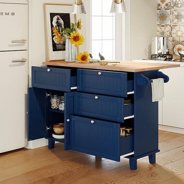 Farmhouse Kitchen Island Set with Drop Leaf and 2 Seatings,Dining Table Set with Storage Cabinet, Drawers and Towel Rack, Blue+Black+Brown