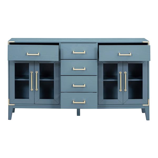 6-drawer and 2-Cabinet Retro Sideboard with Extra Large Storage Space, with ld Handles and Solid Wood Legs, for Kitchen and Living Room (Antique Blue)