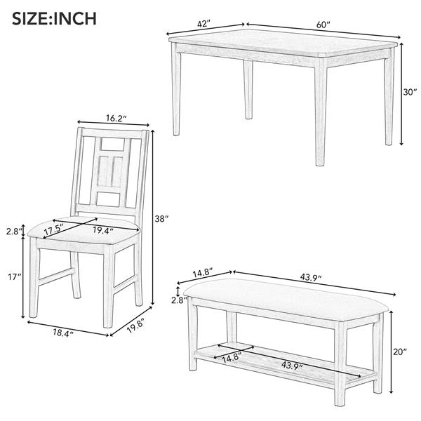 6-piece Retro Dining Set, Minimalist Dining Table and 4 upholstered chairs & 1 bench with a shelf for Dining Room(Natural Wood Wash)